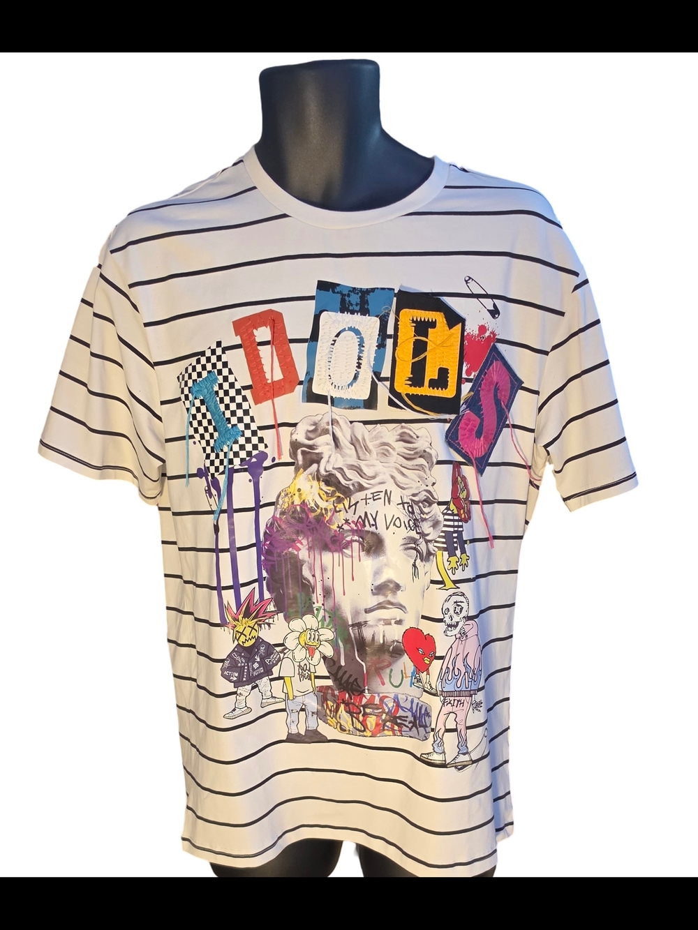 Graphic Striped Short Sleeve Tee - White with Multicolor Print